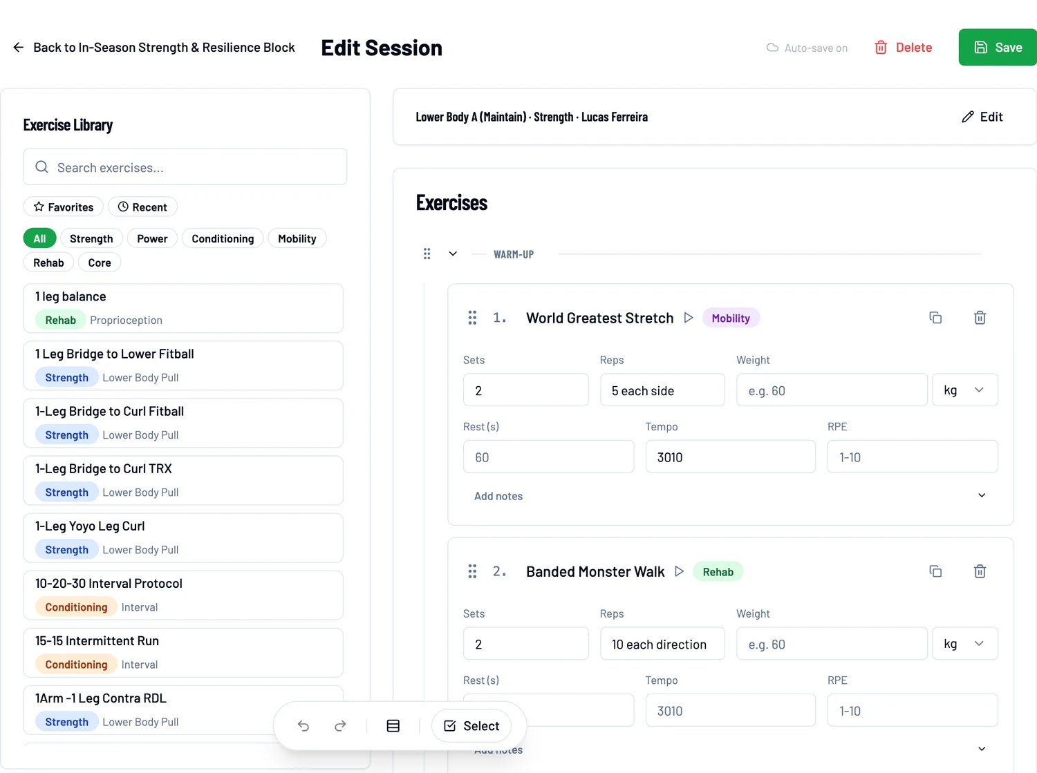 PlayerPlan session builder: exercise library on the left, and a session canvas with a Warm-Up block, sets, reps, rest, tempo and RPE per exercise
