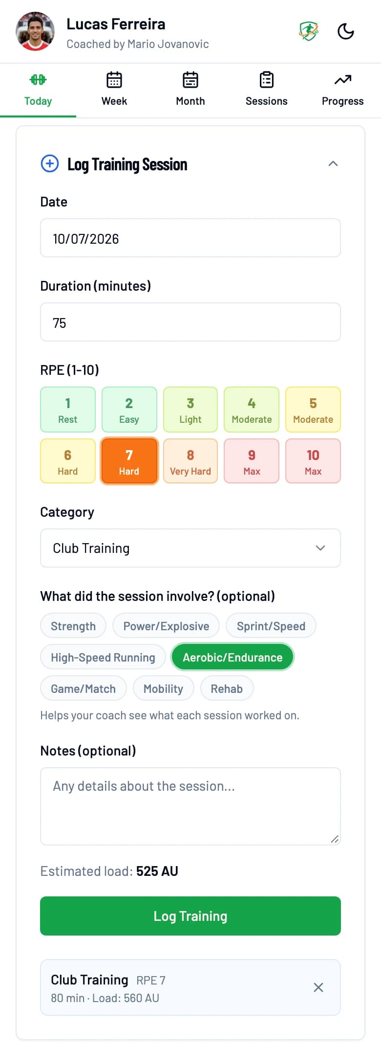 PlayerPlan player view on a phone: the Log Training Session form with duration, RPE 1 to 10, category and session tags, the estimated load, and today's logged club training