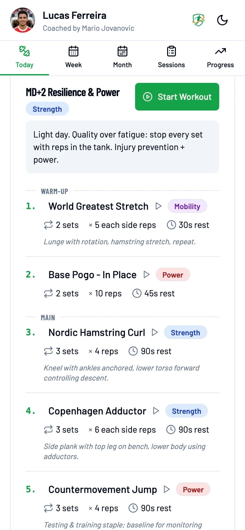PlayerPlan player view on a phone: today's session, MD+2 Resilience & Power, with a Start Workout button and the exercise list