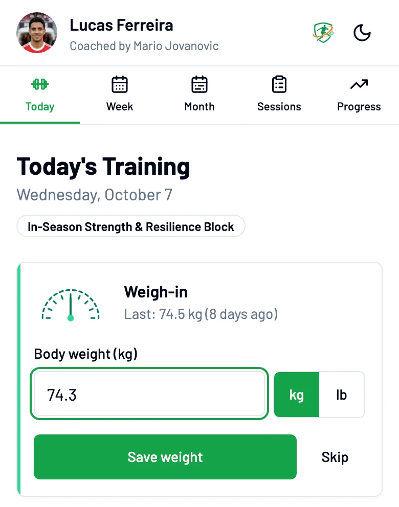 PlayerPlan player view on a phone: the Weigh-in card showing the last weight, a body weight field in kg or lb, and a Save weight button