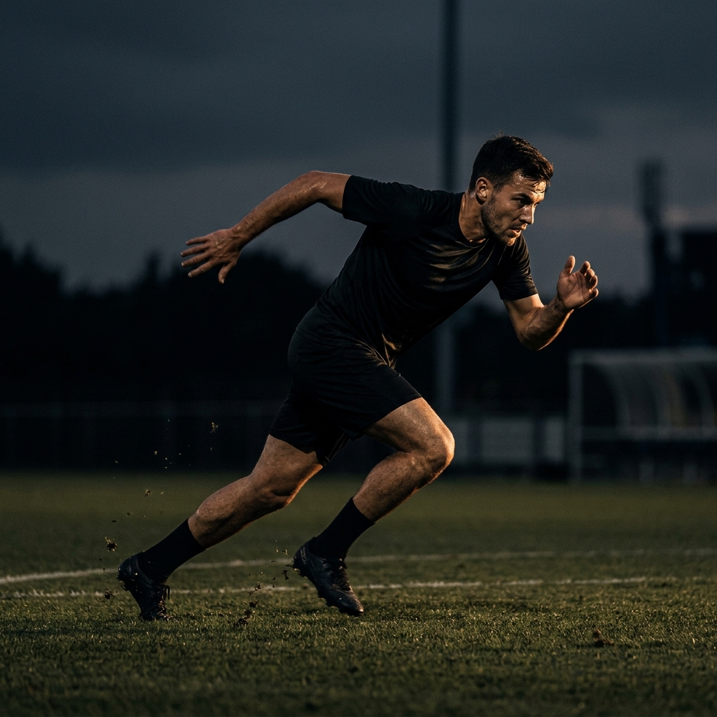 Soccer player explosive first step acceleration training on pitch