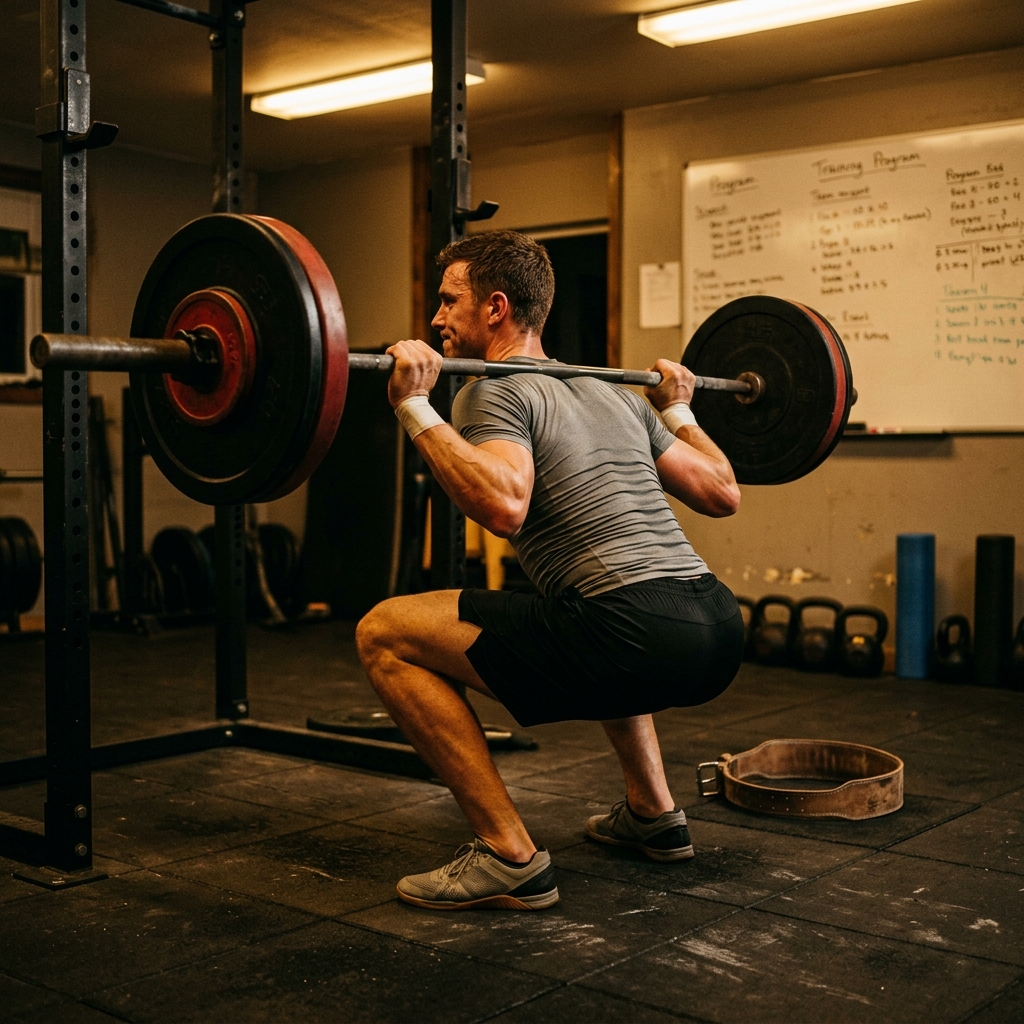 Soccer player performing barbell back squat during in-season maintenance session