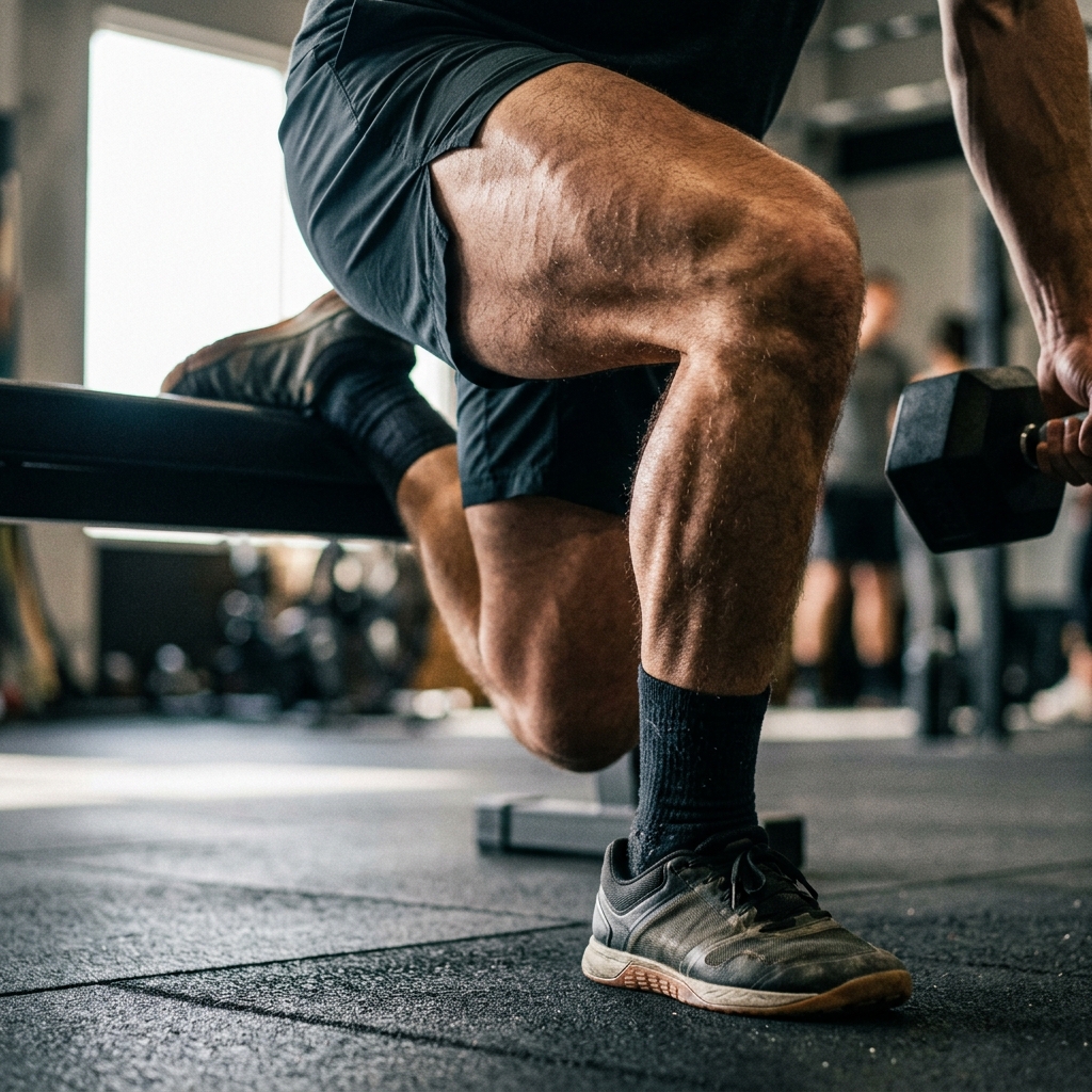 Close-up of single-leg Bulgarian split squat showing quad engagement
