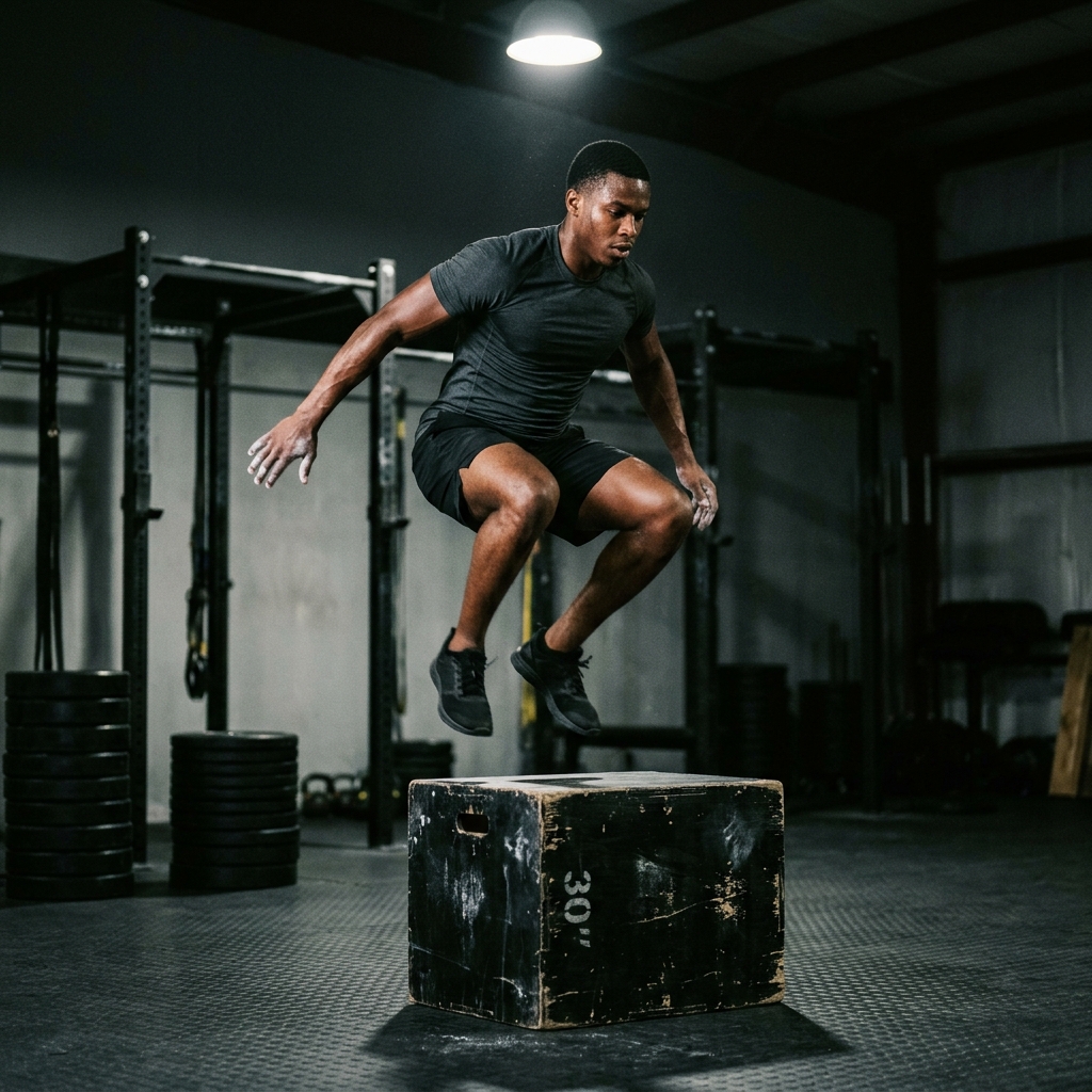 Soccer player box jump plyometric exercise for explosive power