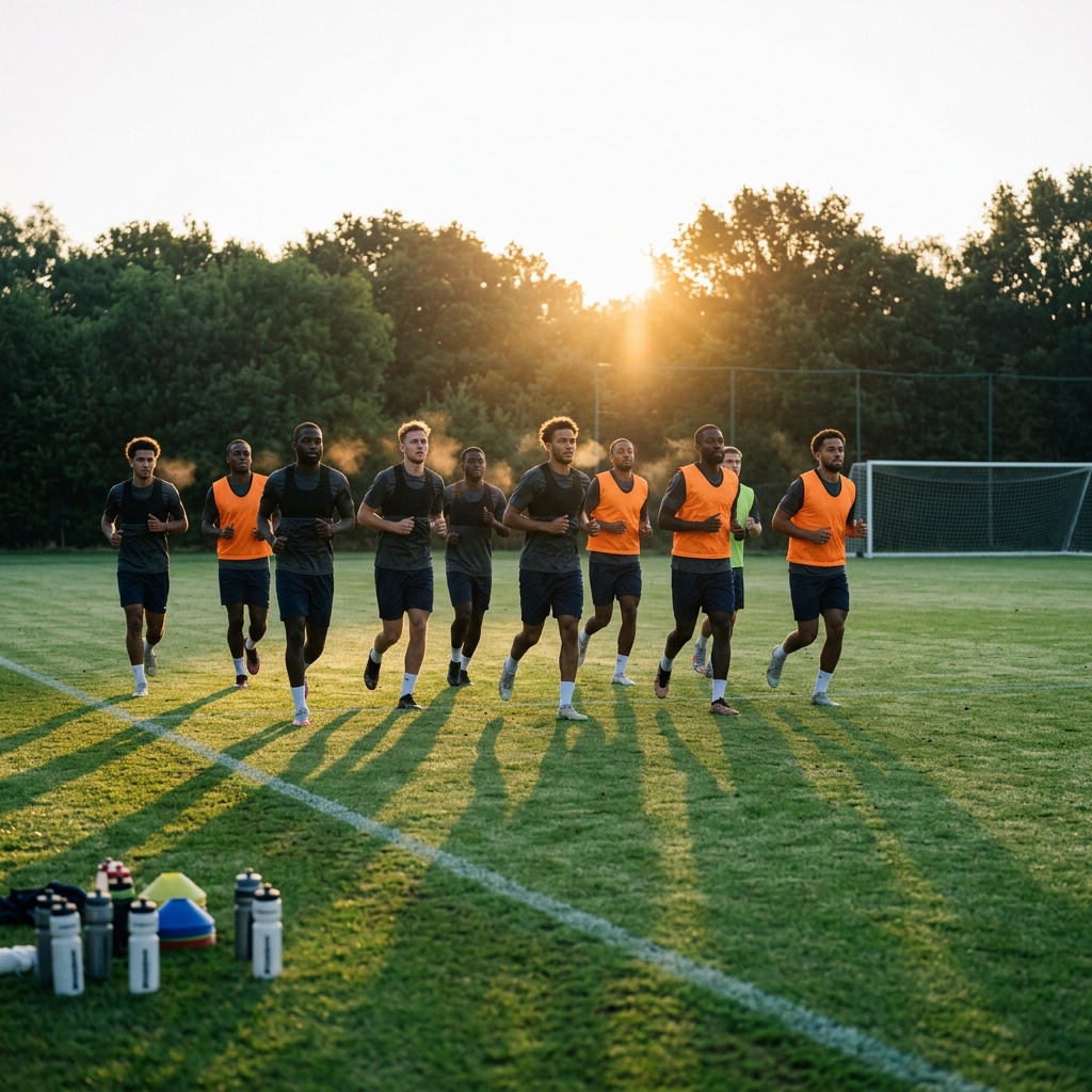 Soccer squad running together on pitch during pre-season training at dawn