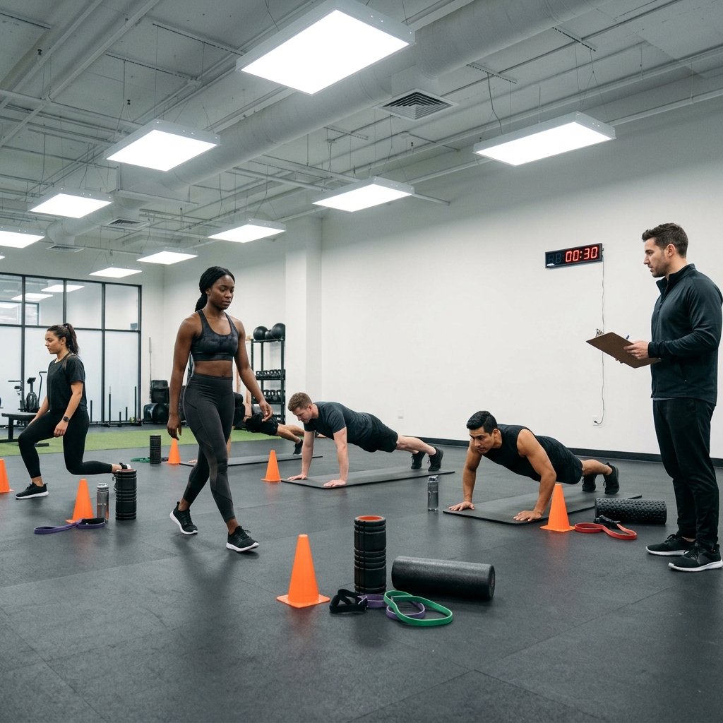 Athletes performing bodyweight circuit in gym during foundation phase