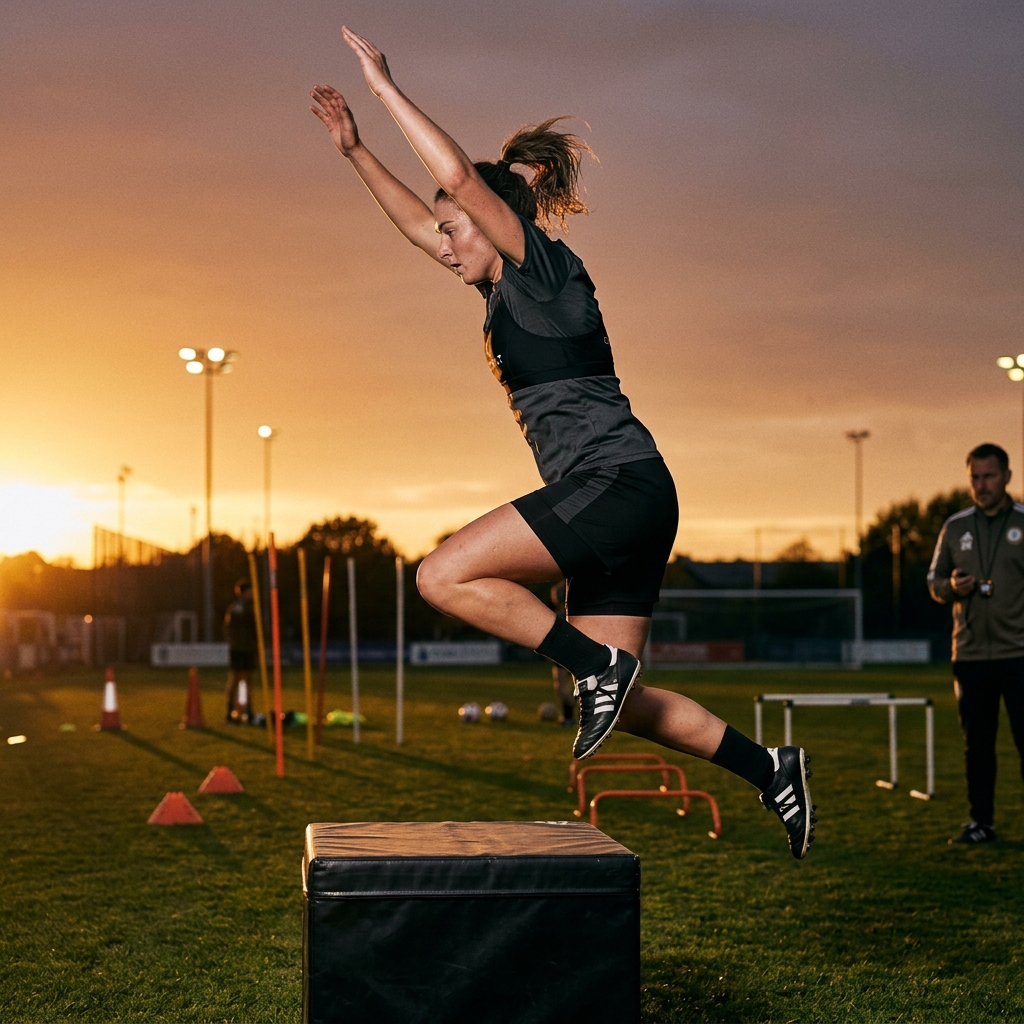 Footballer performing outdoor plyometric box jump during sport-specific phase