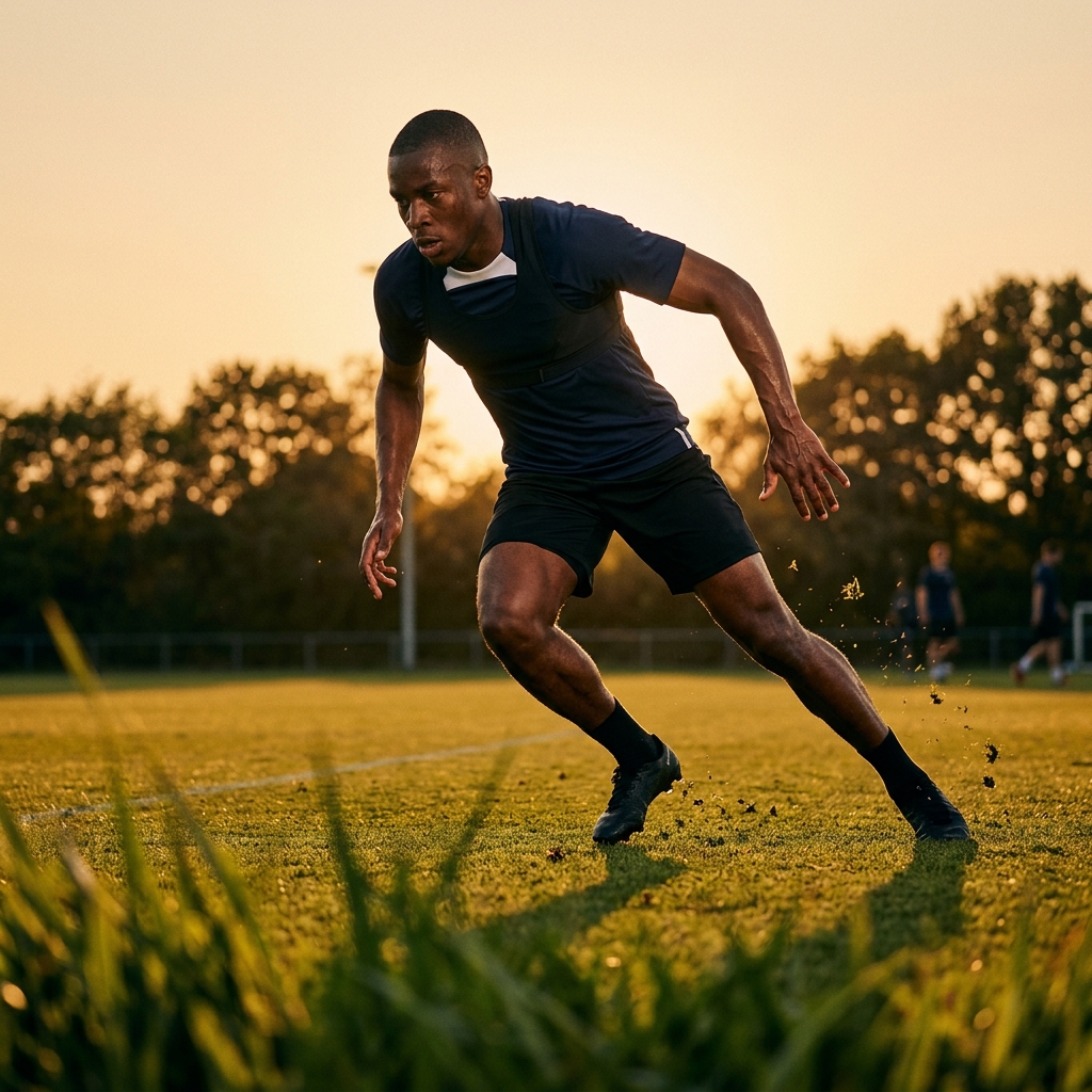 Soccer player accelerating in match — game speed training for footballers
